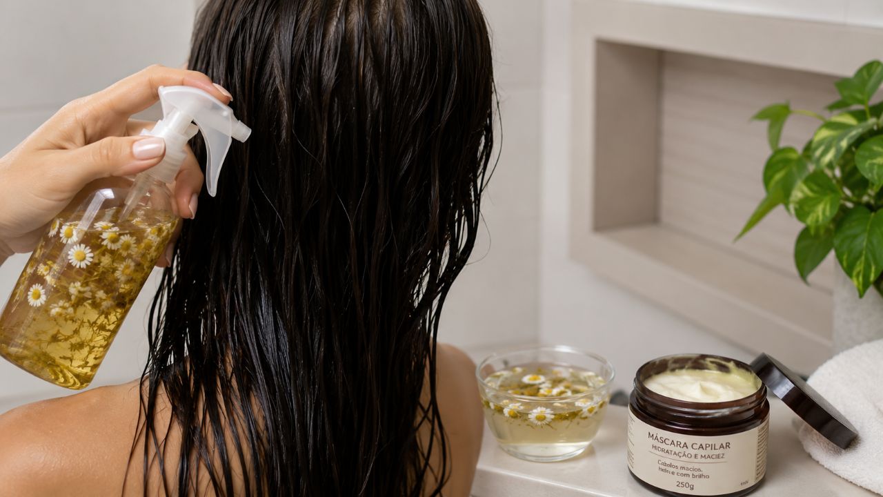 Aplique o chá de camomila com bicarbonato nos fios úmidos, deixe agir por 15 minutos e hidrate.