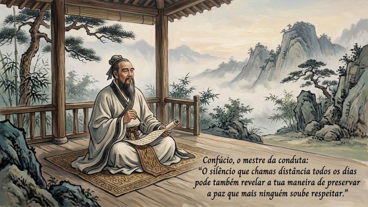 Confúcio, o mestre da conduta: “O silêncio que você chama de distância todo dia também pode revelar o seu jeito de preservar a paz que ninguém soube respeitar” Estabelecer limites saudáveis através do silêncio demonstra maturidade e protege a sua saúde mental. – Imagem gerada por IA