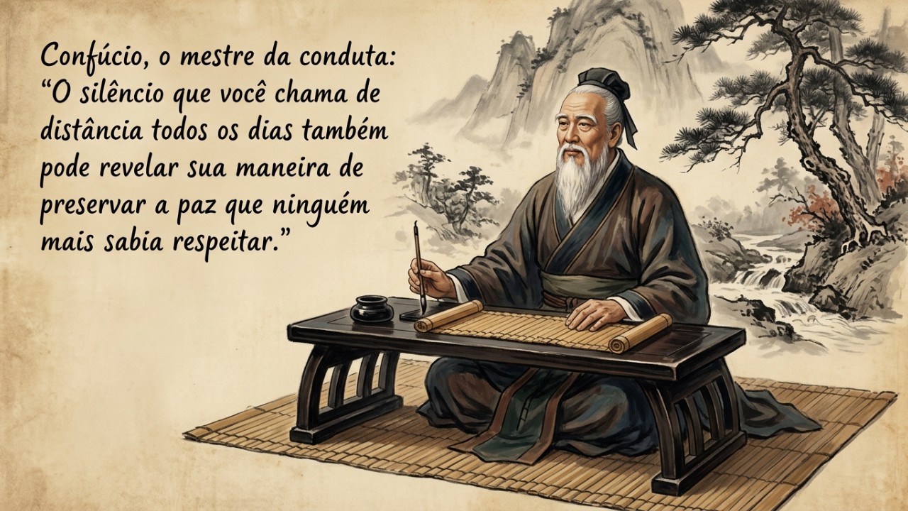 Confúcio, o mestre da conduta: “O silêncio que você chama de distância todo dia também pode revelar o seu jeito de preservar a paz que ninguém soube respeitar” O silêncio estratégico é uma forma inteligente de preservar o equilíbrio emocional e a paz interior. – Imagem gerada por IA