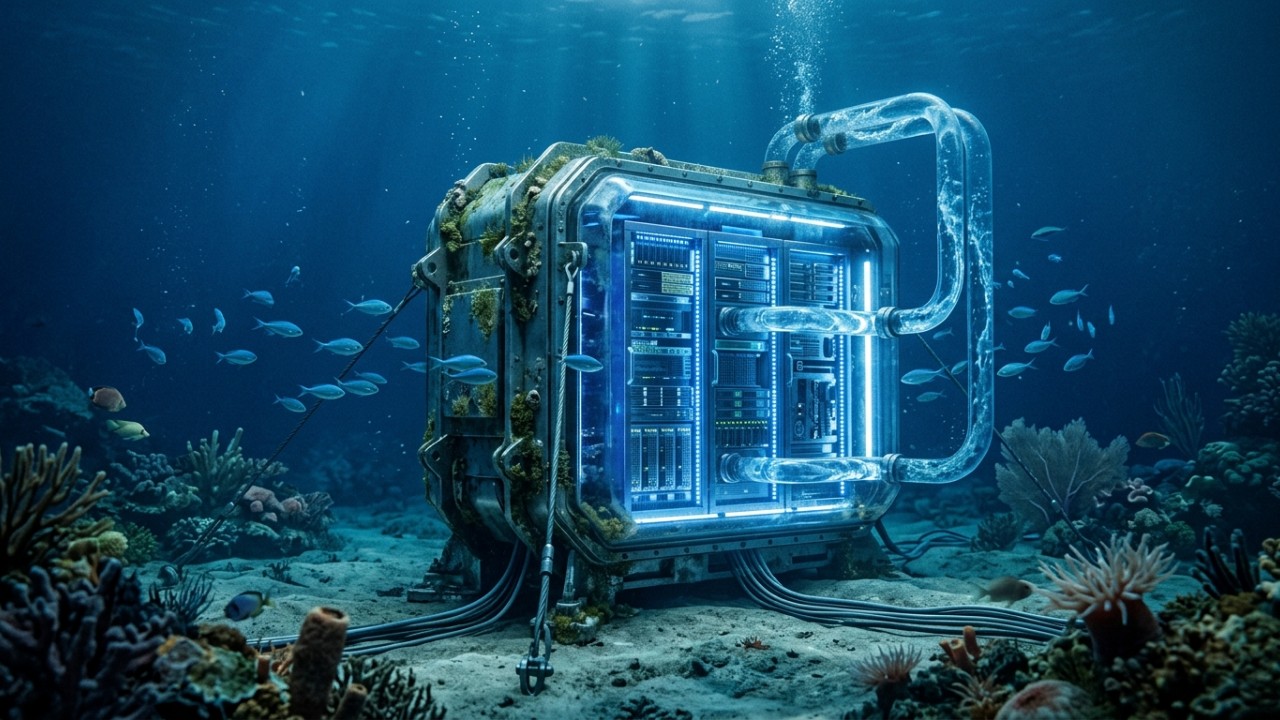 A China instalou um centro de dados submarino em Xangai que utiliza a água do mar para resfriar servidores de inteligência artificial de forma sustentável. – Imagem gerada por IA