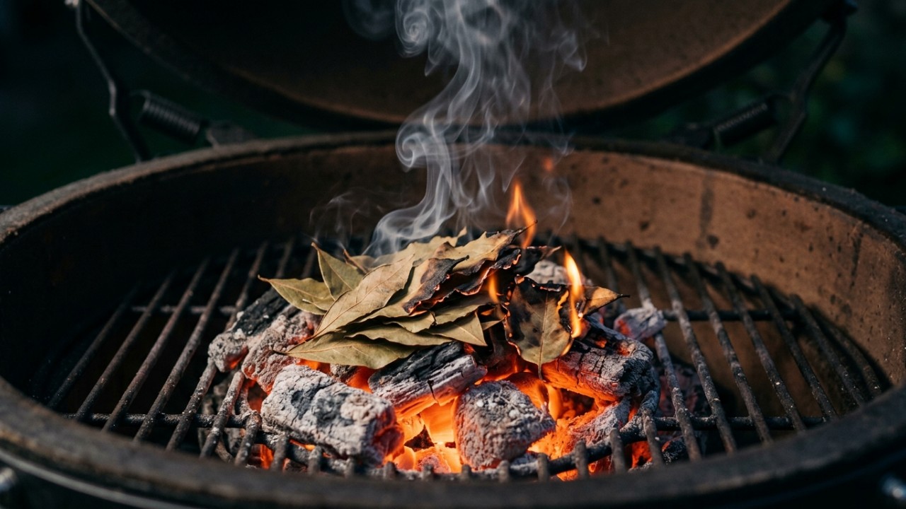 A técnica argentina de jogar folhas de louro nas brasas da churrasqueira: quando utilizar e para que serve A queima de folhas de louro na brasa libera óleos essenciais que transformam o churrasco em uma experiência gourmet defumada. – Imagem gerada por IA