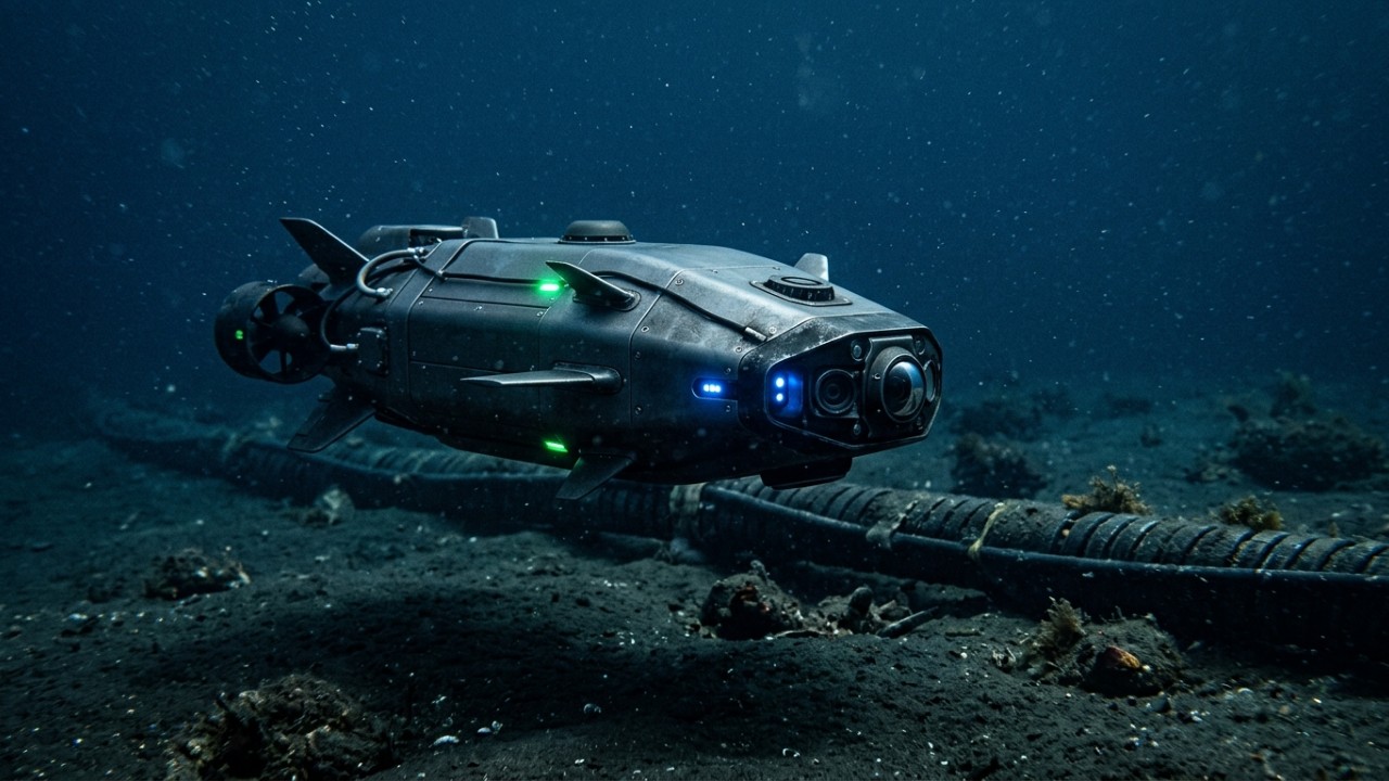 A tecnologia de autonomia prolongada permite vigilância silenciosa e mapeamento de ameaças nas profundezas do oceano por até dezesseis semanas. – Imagem gerada por IA