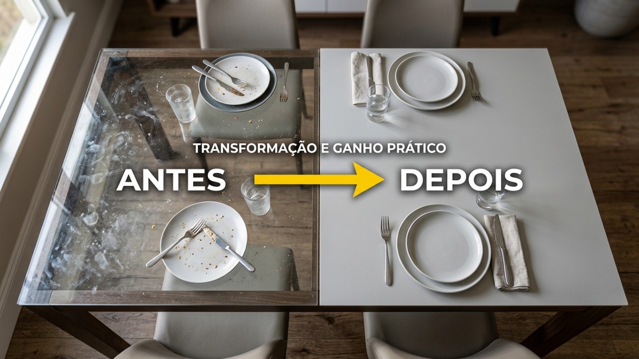 A transição do tampo de vidro para superfícies cerâmicas e em porcelanato reflete a busca contemporânea por salas integradas mais práticas, elegantes e duráveis. – Imagem gerada por IA