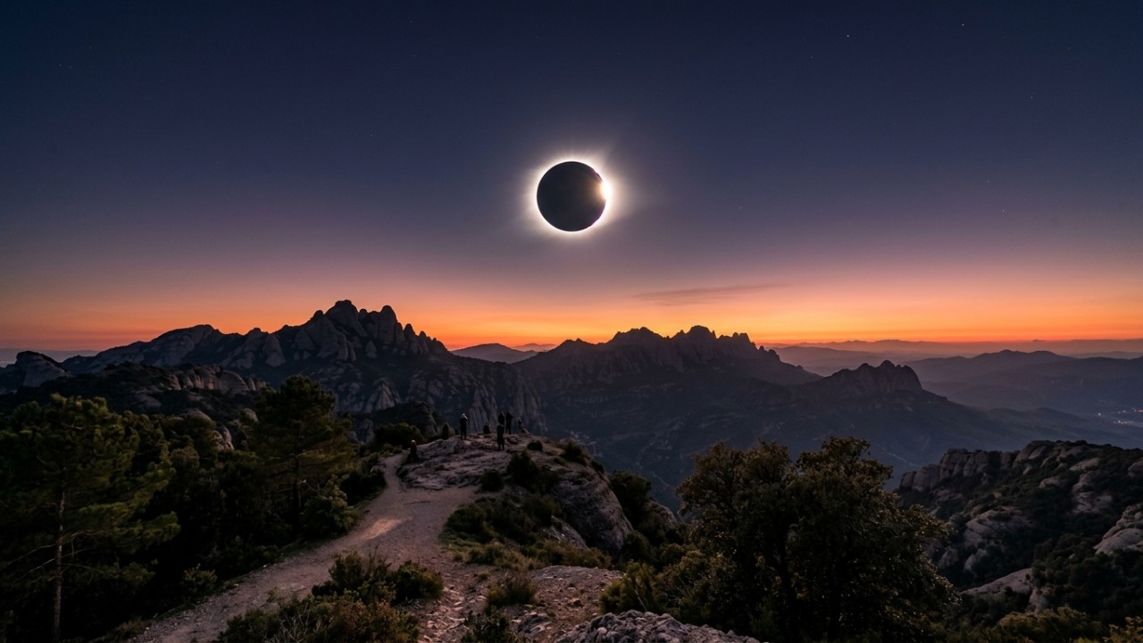 O eclipse solar total de 2026 transformará o pôr do sol na Península Ibérica. – Imagem gerada por IA