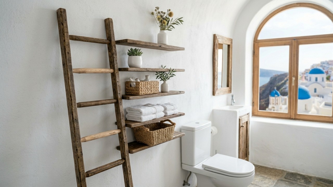 O upcycling de objetos antigos otimiza o espaço vertical do banheiro com muita economia e charme rústico. – Imagem gerada por IA