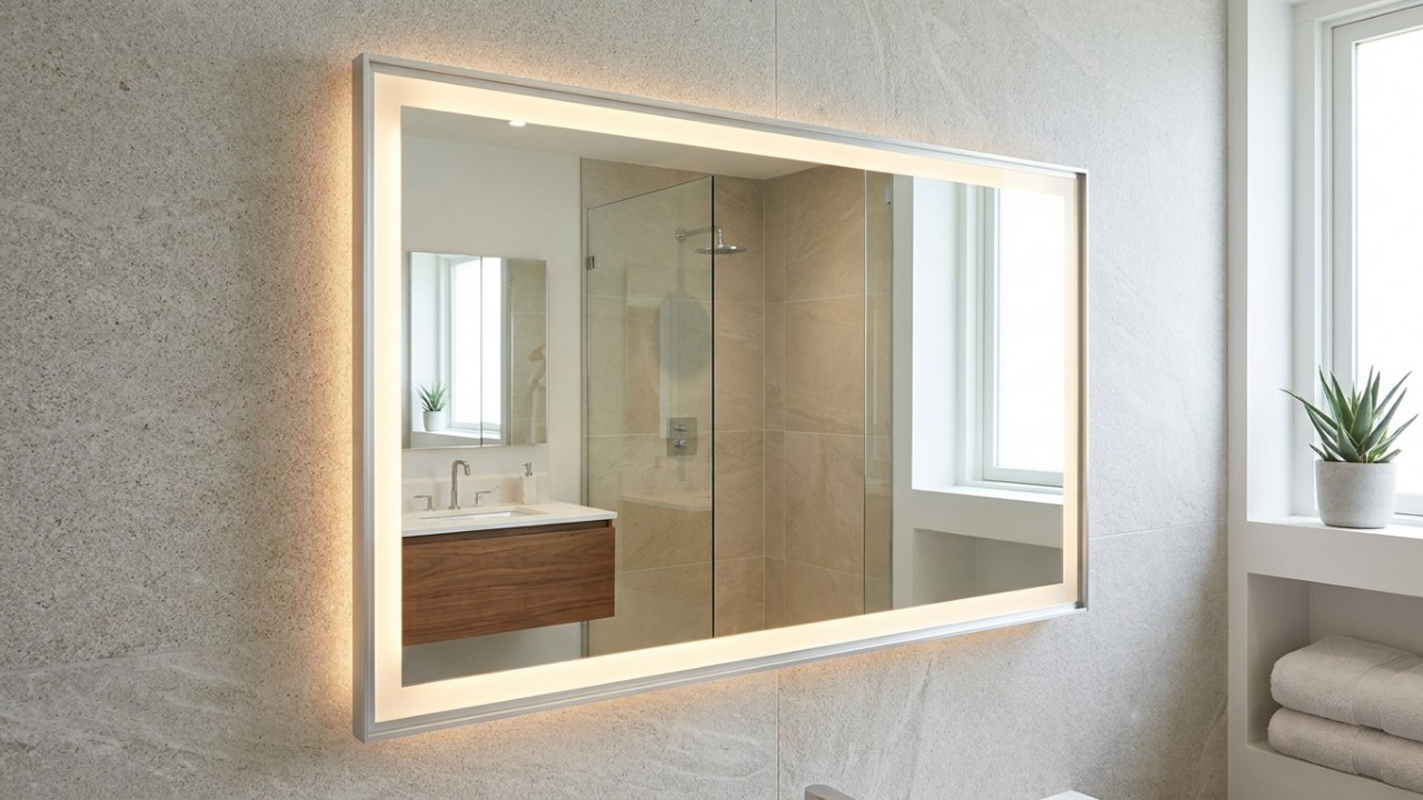 As molduras de madeira para espelhos foram descontinuadas: a nova opção é mais elegante, durável e não sofre com rachaduras A iluminação com LED integrado em perfis de alumínio valoriza o design de interiores e transforma espelhos comuns em peças sofisticadas. – Imagem gerada por IA