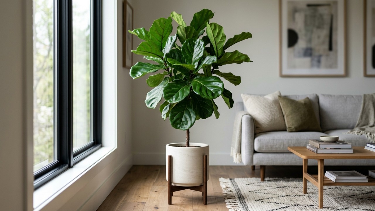 O Ficus lyrata destaca-se como a escolha ideal para transformar qualquer sala de estar em um verdadeiro espaço sofisticado sem esforço. – Imagem gerada por IA