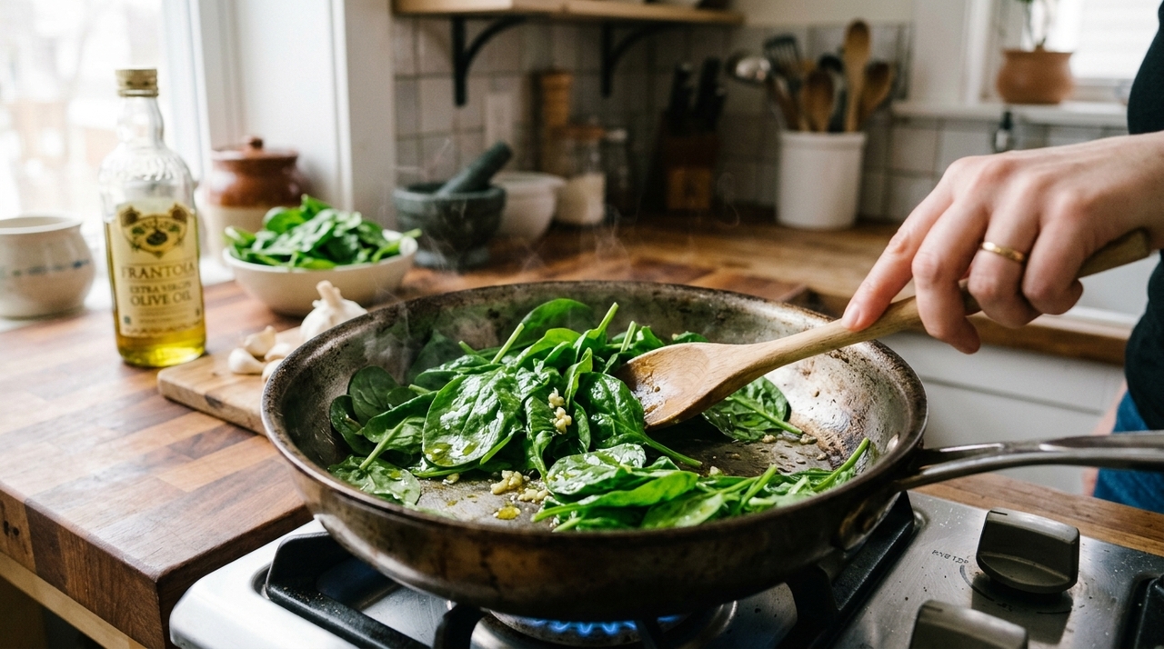 Qual a melhor maneira de cozinhar o espinafre para preservar seus nutrientes? O refogado rápido e o vapor são boas escolhas porque usam pouca água e pouco tempo.