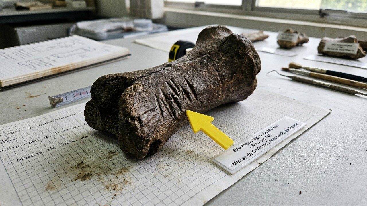 Artefatos de madeira encontrados no sítio grego de Marathousa 1 revelam a refinada capacidade tecnológica de hominídeos há quatrocentos mil anos. – Imagem gerada por IA