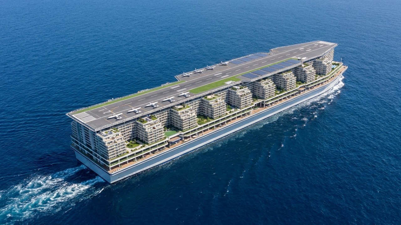 Morar no mar para sempre? O projeto da primeira cidade flutuante para abrigar 80 mil pessoas A megaestrutura contará com vinte e cinco decks e uma pista de pouso funcional para revolucionar o conceito de transporte marítimo. – Imagem gerada por IA
