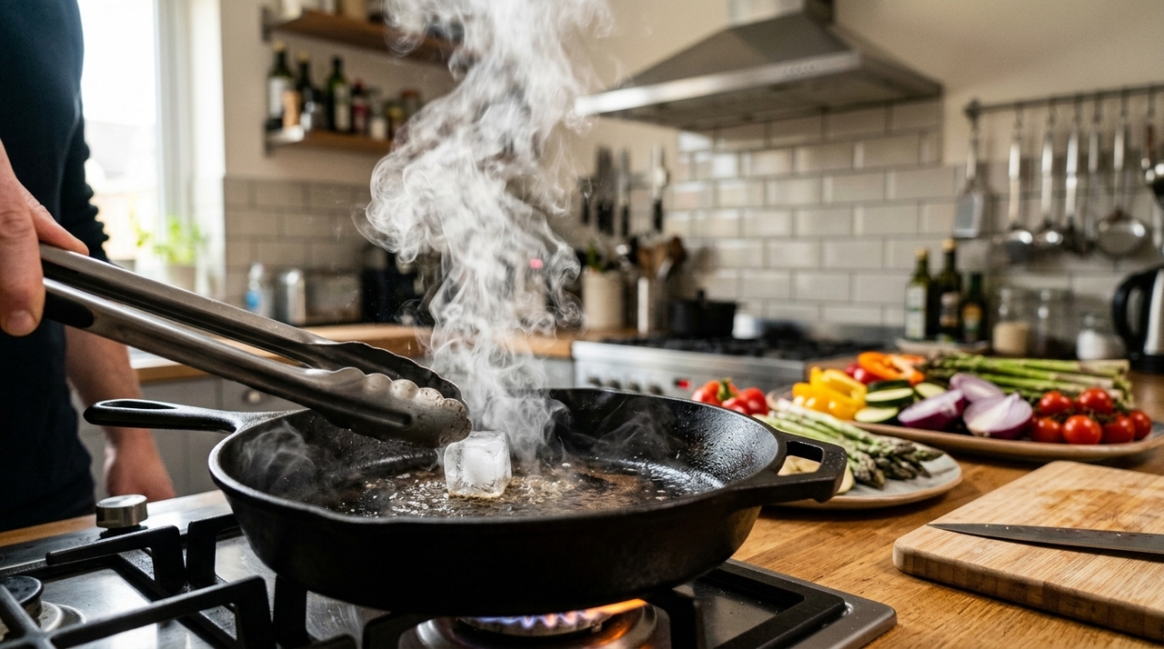 Deslizar um cubo de gelo sobre a frigideira quente: por que é recomendado antes de grelhar legumes em casa O vapor sobe rápido e pode queimar mãos, rosto ou antebraço se o gelo for usado de qualquer jeito