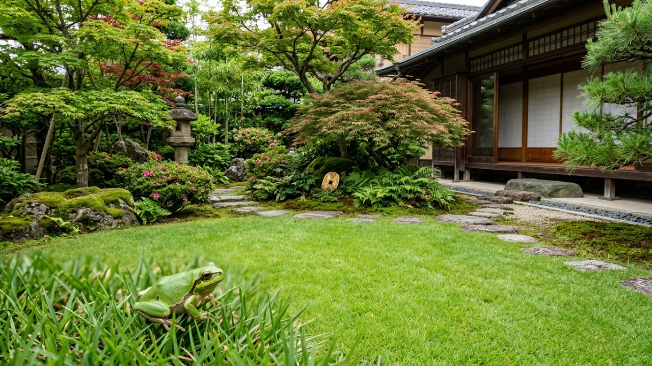 A presença de anfíbios no quintal simboliza prosperidade segundo a cultura japonesa e indica um ecossistema saudável. – Imagem gerada por IA