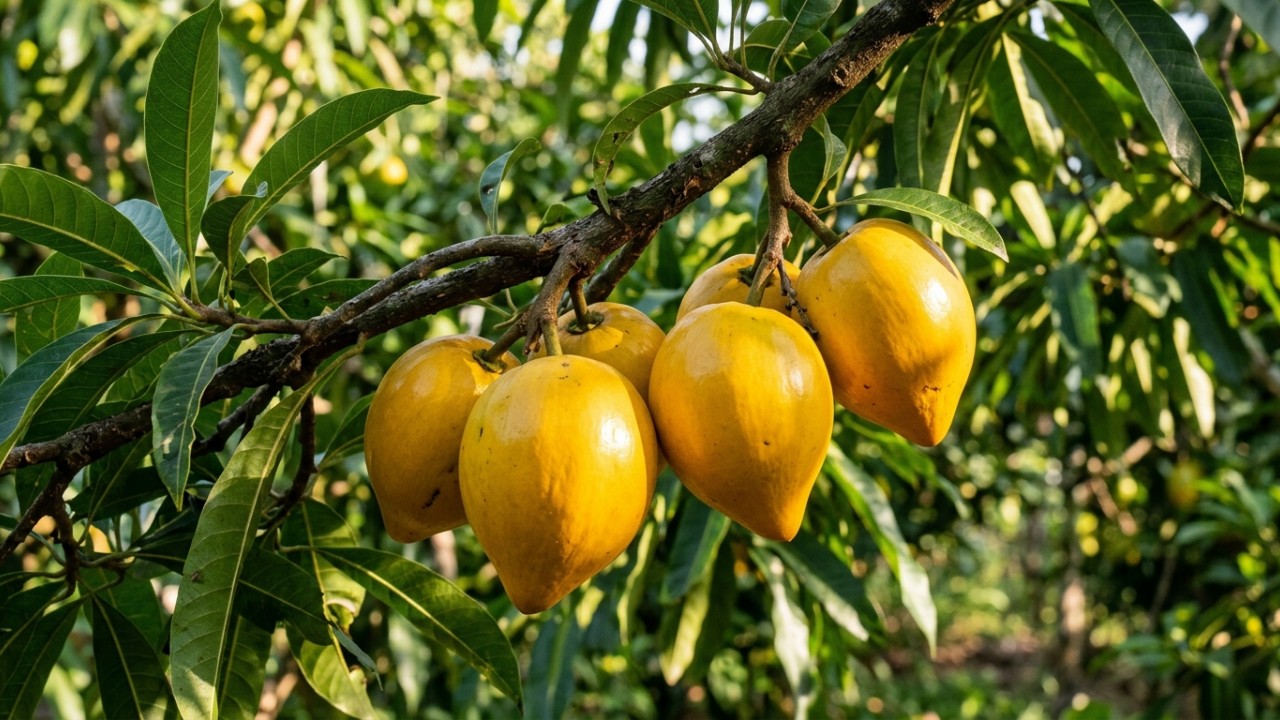 Conhecida por sua polpa amarela que lembra um pudim, a sapota amarela é de fácil cultivo. – Imagem gerada por IA