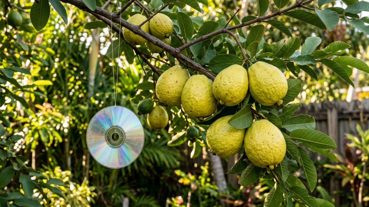 Pendurar CDs antigos nos galhos da goiabeira: para que serve e por que é recomendado O uso de linha de pesca para pendurar os discos garante o movimento necessário para espantar os pássaros sem prejudicar o pomar. – Imagem gerada por IA