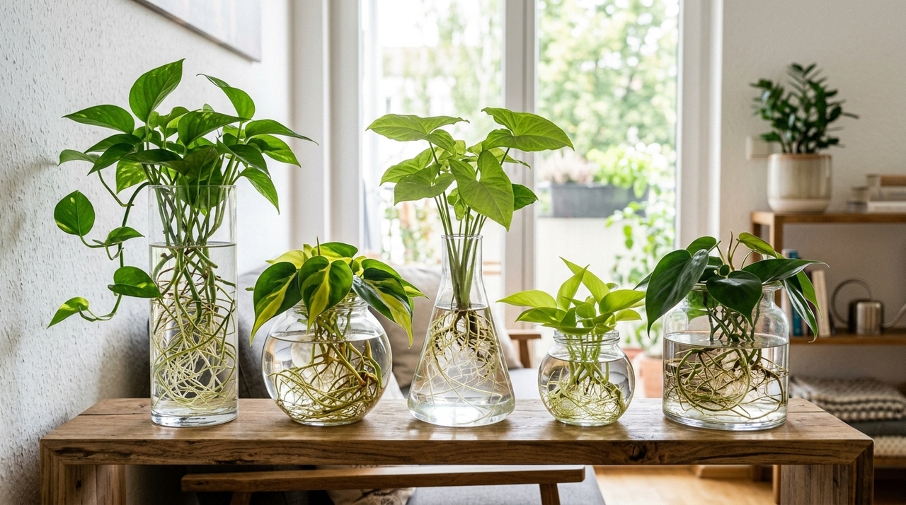 Nem terra, nem vasos: as três plantas que crescem na água e decoram qualquer ambiente A jiboia é uma das mais populares para cultivar em água, porque enraíza com facilidade e cresce em ramos longos.