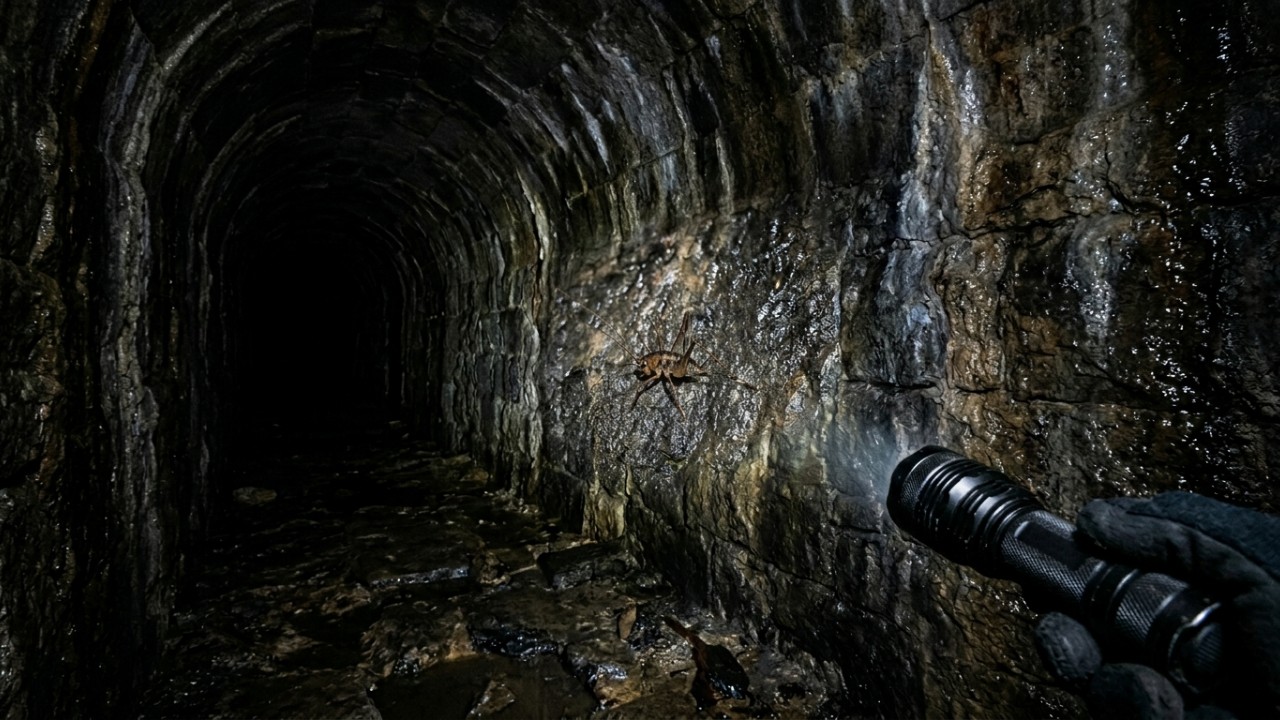 A nova espécie de grilo Dolichopoda balrogi foi descoberta em um túnel artificial escuro e úmido na ilha grega de Kastellorizo. – Imagem gerada por IA