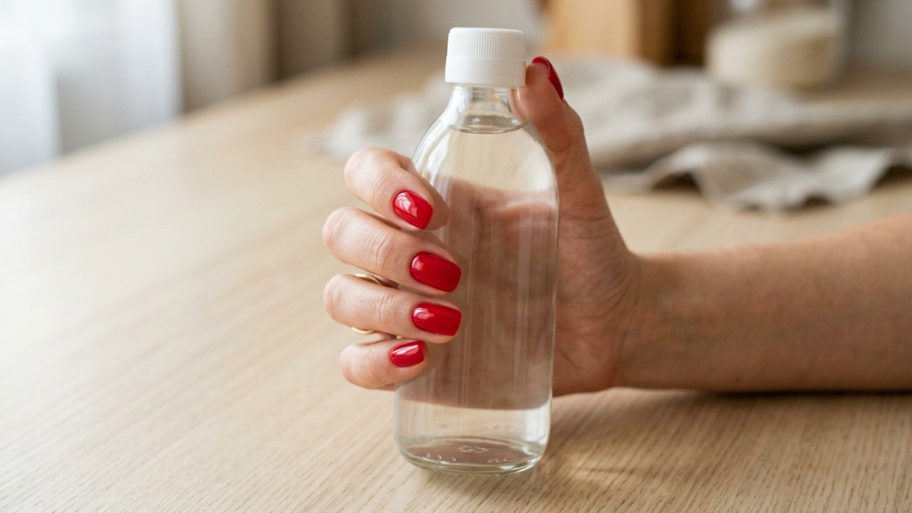 Aplicar vinagre branco antes da esmaltação ajuda a evitar que a cor descasque rapidamente nas pontas. – Imagem gerada por IA