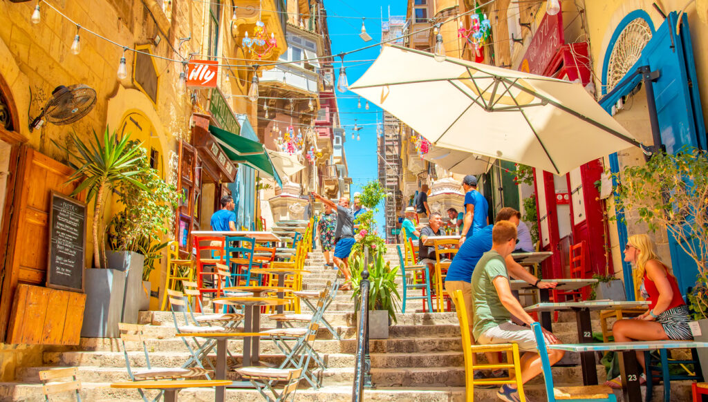 street summer cafe in valletta old town, malta