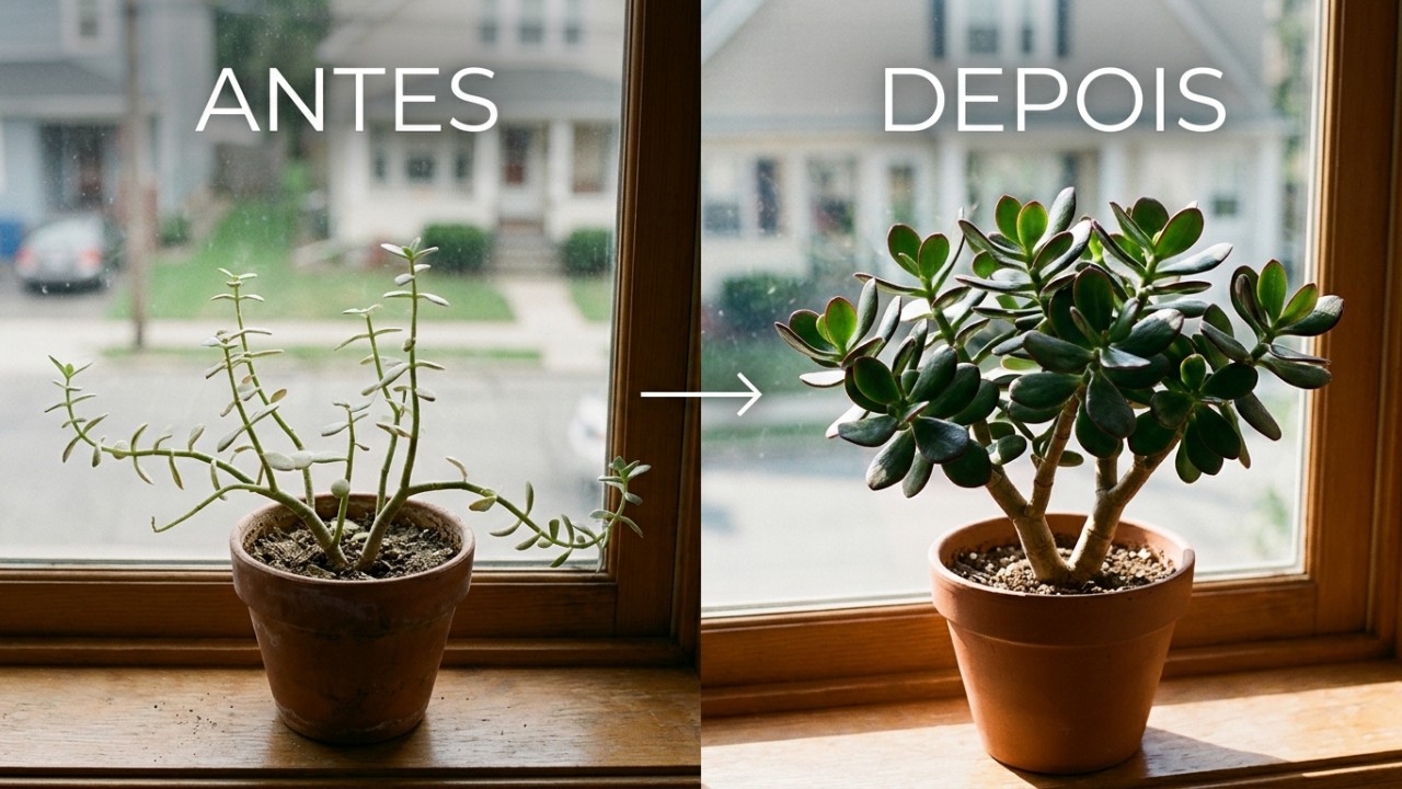 A iluminação solar direta na janela previne o estiolamento e preserva a silhueta simétrica da planta jade. – Imagem gerada por IA