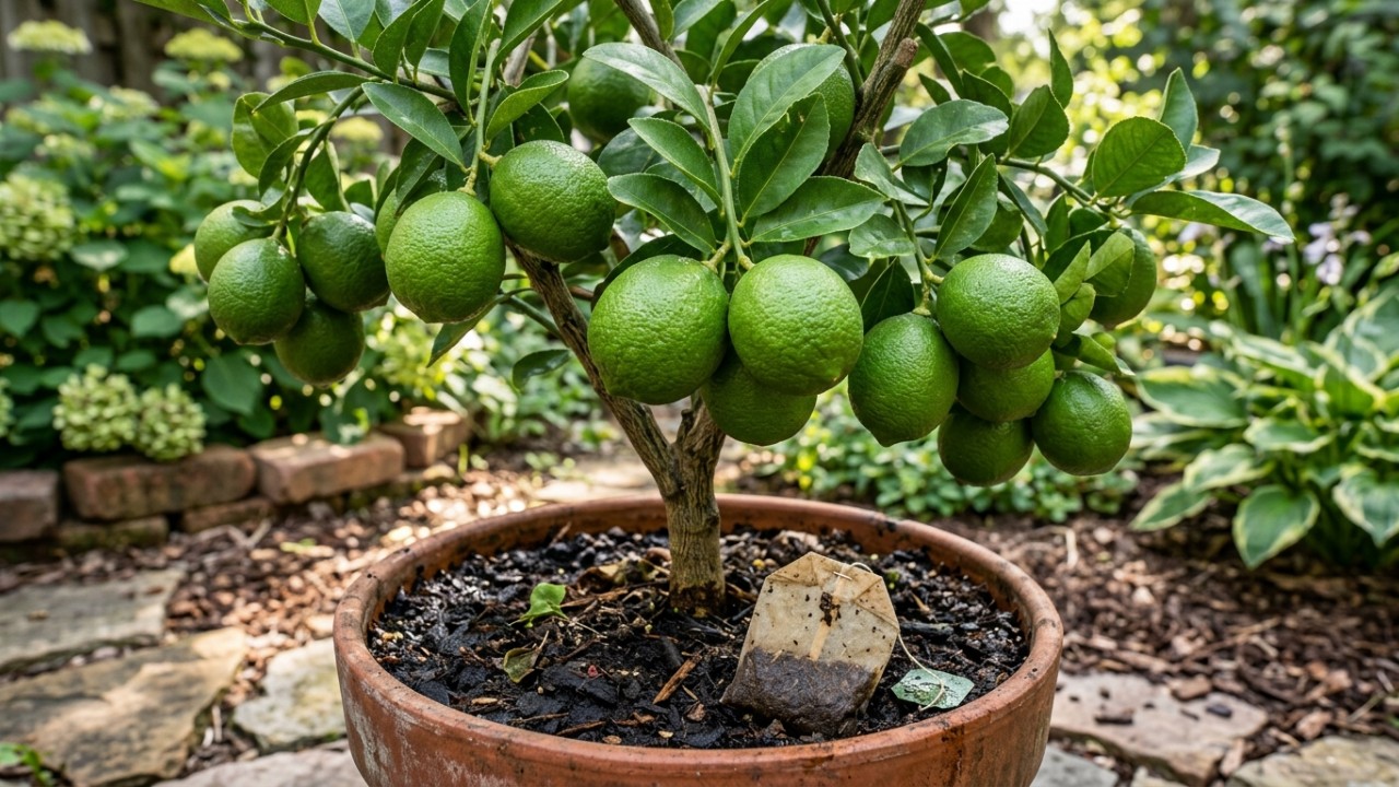 Utilizar saquinhos de chá usados no solo é uma excelente alternativa de adubação natural para fortalecer o seu limoeiro. – Imagem gerada por IA