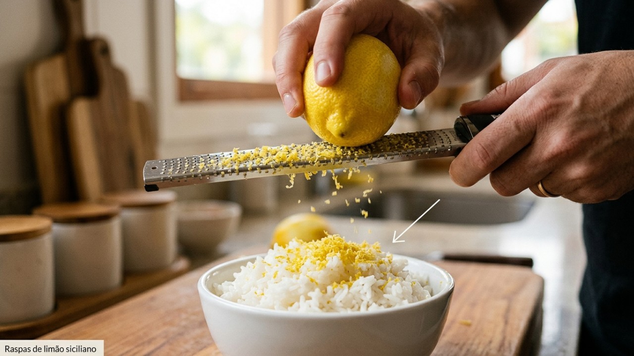 O toque do limão eleva o aroma e traz um frescor especial ao arroz do dia a dia. – Imagem gerada por IA