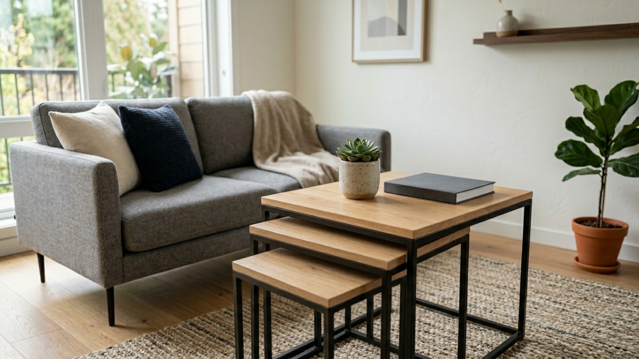 A mesa de centro tradicional ficou para trás: a nova tendência para 2026 é mais versátil, compacta e sem ocupar espaço desnecessário na sala A escolha correta dos materiais e a disposição equilibrada dos móveis garantem circulação livre e praticidade no dia a dia da sua sala pequena. – Imagem gerada por IA