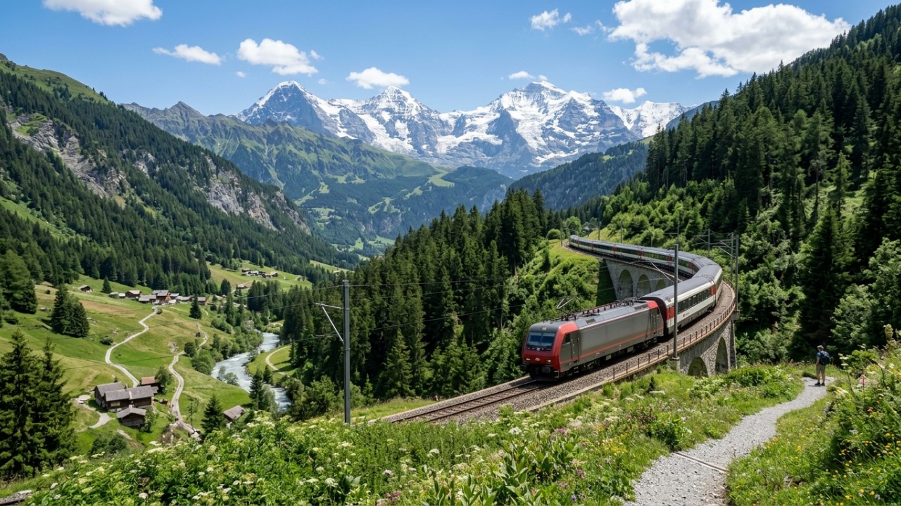 A infraestrutura ferroviária moderna da Suíça redefine a logística alpina com eficiência e sustentabilidade. – Imagem gerada por IA