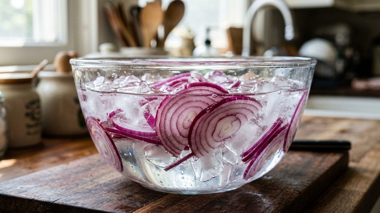 Por que deixar a cebola de molho antes de usar na salada: um passo que evita ardência forte e melhora o sabor O choque térmico da água com gelo suaviza os compostos de enxofre e garante um prato equilibrado. – Imagem gerada por IA