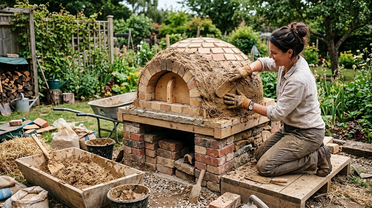 Como construir um forno de barro no seu quintal: passo a passo do guia definitivo A base deve ficar em altura confortável, perto da cintura, para facilitar colocar e retirar assadeiras.