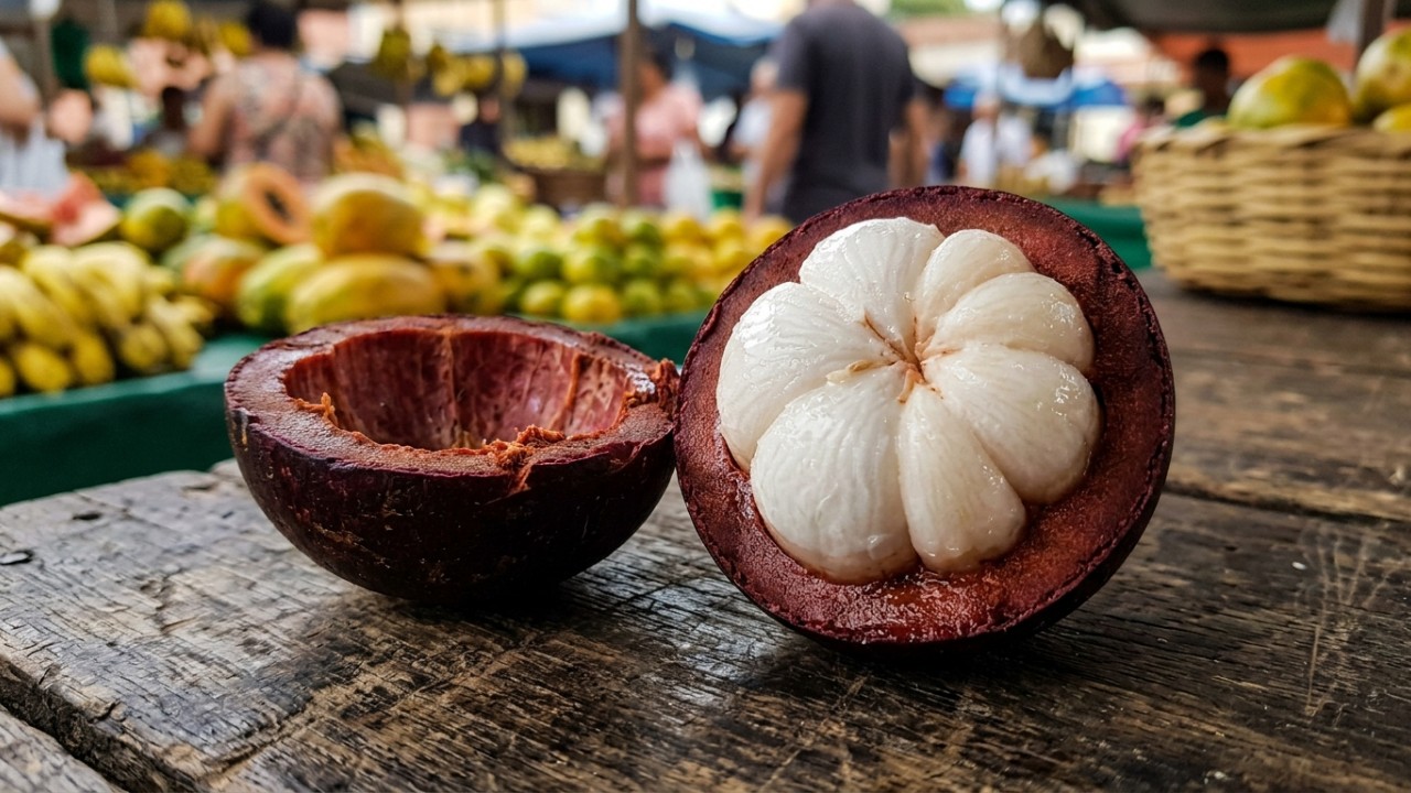 A polpa delicada do mangostim surpreende pelo contraste com sua casca grossa e por seus gomos brancos extremamente suculentos. – Imagem gerada por IA