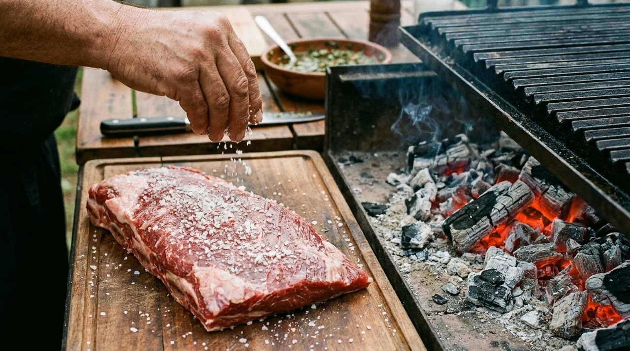 O melhor momento é pouco antes de levar a carne para a grelha ou logo depois que ela entra sobre a brasa, quando o fogo já virou calor constante.