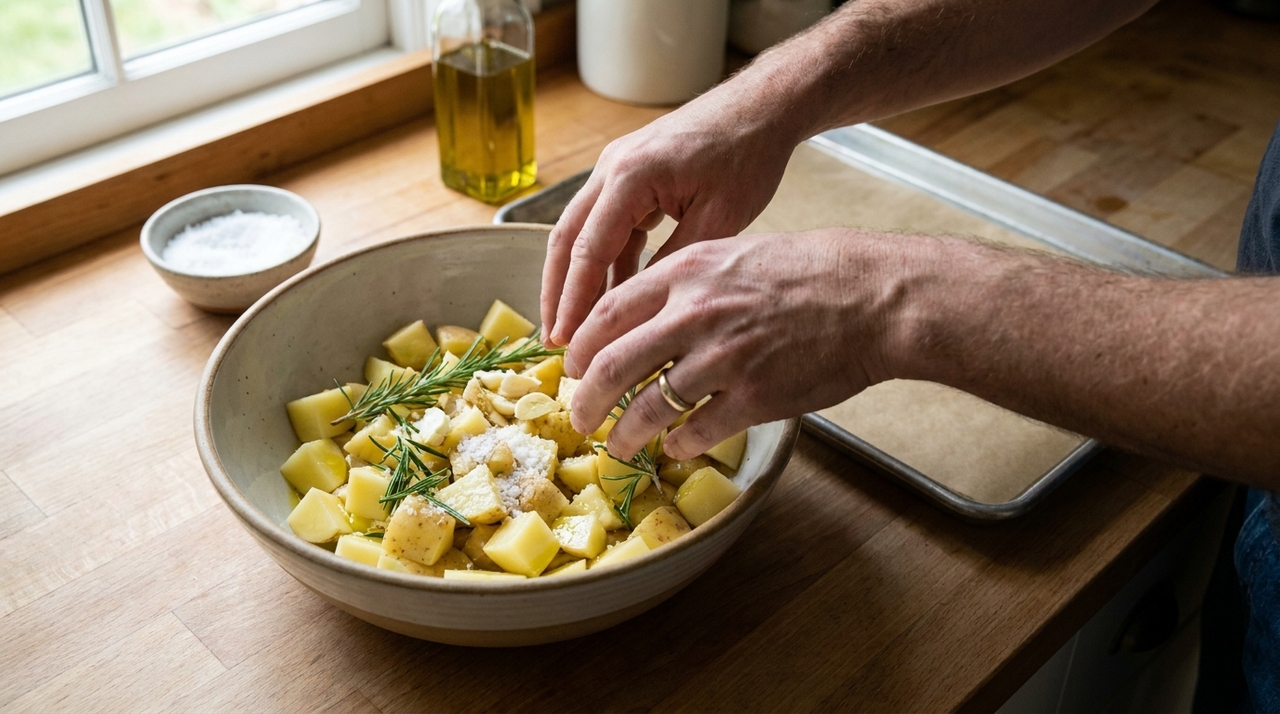 O alecrim combina naturalmente com batata porque libera um perfume intenso durante o forno