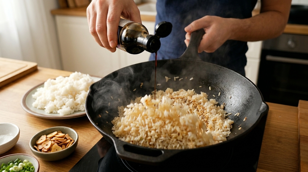 O melhor arroz frito não é feito com mais óleo, mas com 3 dentes de alho, cebolinha e molho shoyu Comece soltando o arroz frio com um garfo antes de levá-lo ao fogo