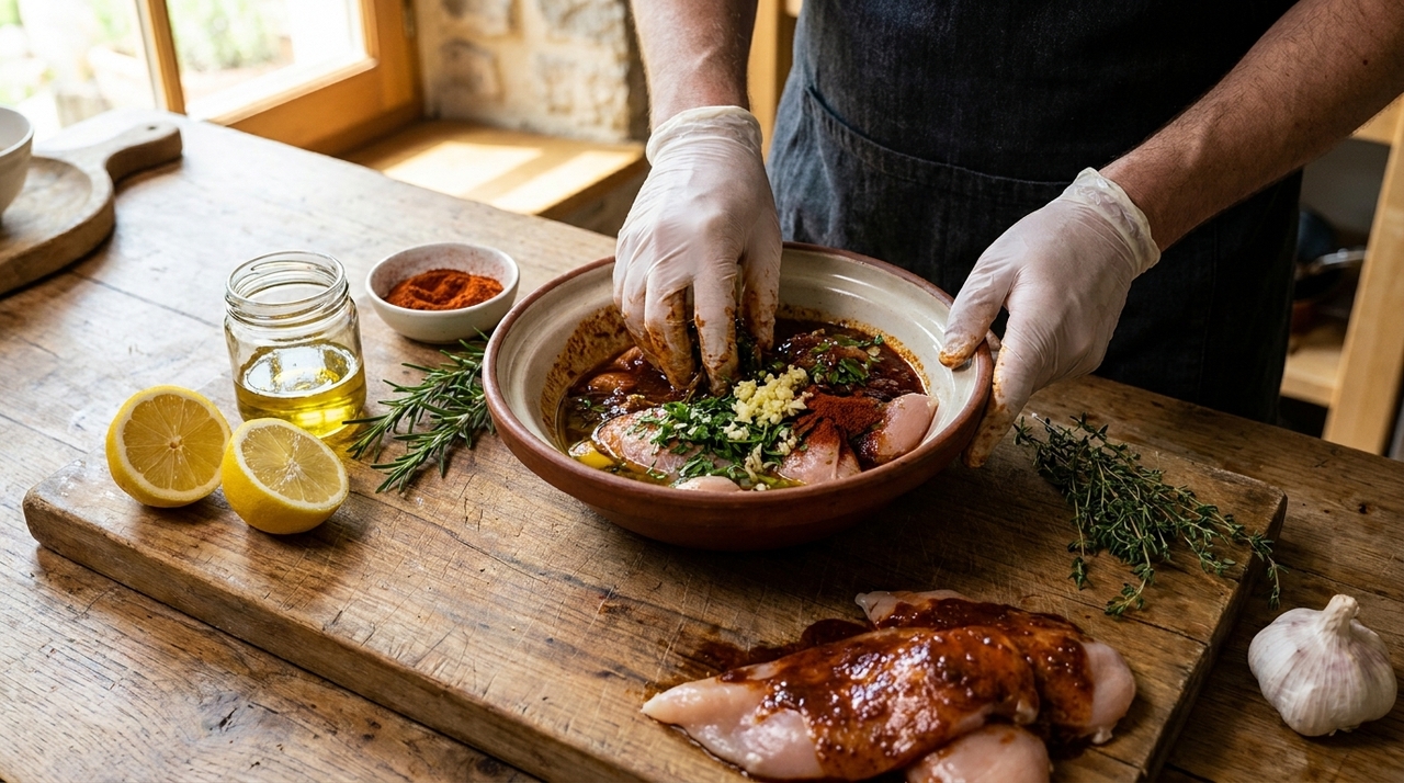O melhor frango assado não é feito com mais óleo, mas com suco de limão, alho e páprica defumada O ideal é temperar o frango com antecedência para que a carne absorva melhor os sabores.