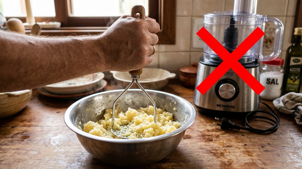 O segredo do purê de batata perfeito está no uso do espremedor manual e no leite aquecido. – Imagem gerada por IA