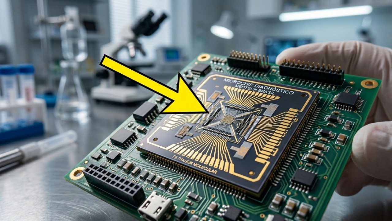 Cientistas desenvolvem microchip inovador com noventa e sete por cento de eficácia no diagnóstico precoce do câncer pancreático. – Imagem gerada por IA