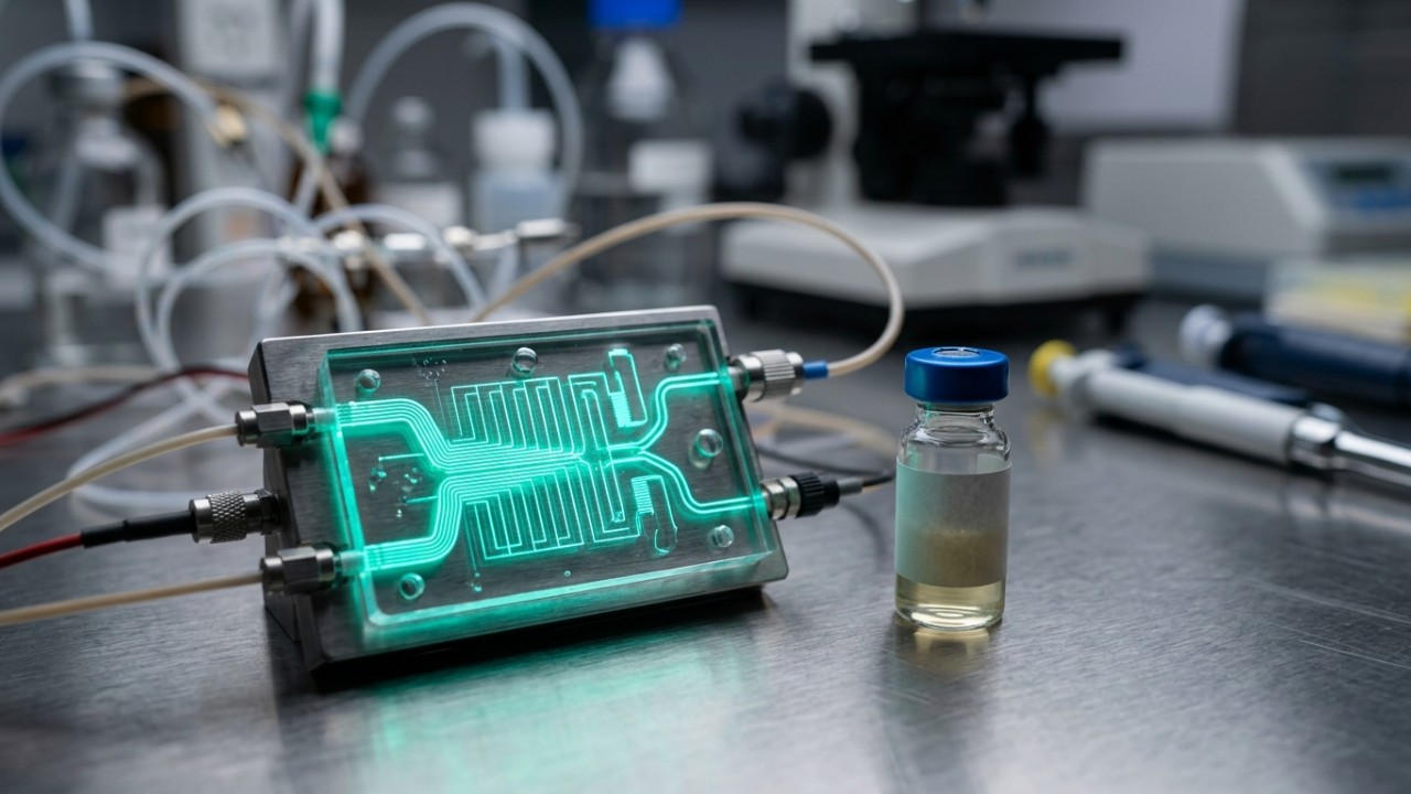 Novo dispositivo experimental utiliza nanopartículas e impulsos elétricos para detectar o câncer de pâncreas através de amostras de sangue. – Imagem gerada por IA