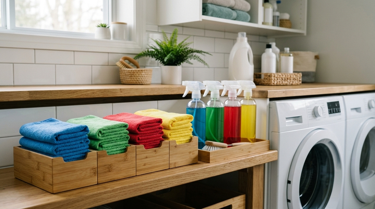 As cores dos panos de microfibra não são aleatórias, pois formam um código para limpar corretamente cada área da casa Esse sistema visual funciona como um lembrete rápido, principalmente em casas com várias pessoas responsáveis pela faxina