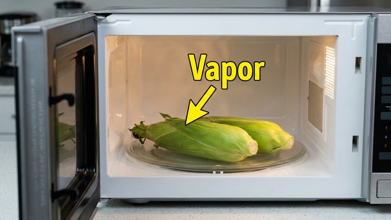 Cozinhar o milho com a própria casca no micro-ondas garante grãos incrivelmente macios e suculentos em apenas cinco minutos. – Imagem gerada por IA
