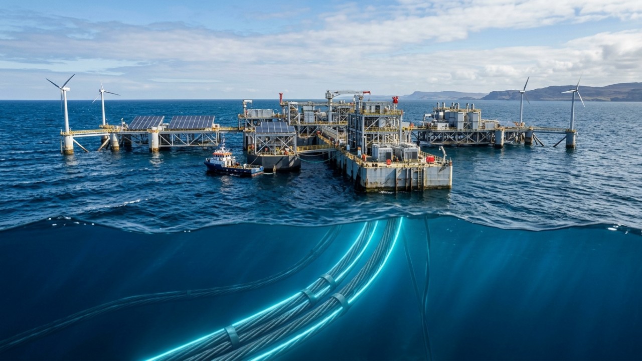 Novo conversor japonês utiliza a precessão giroscópica para transformar o movimento das ondas oceânicas em eletricidade limpa. – Imagem gerada por IA