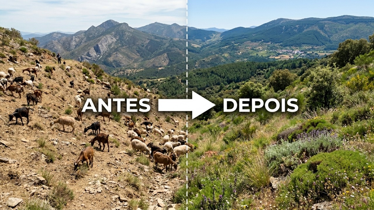 Grandes herbívoros ajudam a restaurar o equilíbrio ecológico e a regenerar solos em regiões de abandono rural. – Imagem gerada por IA