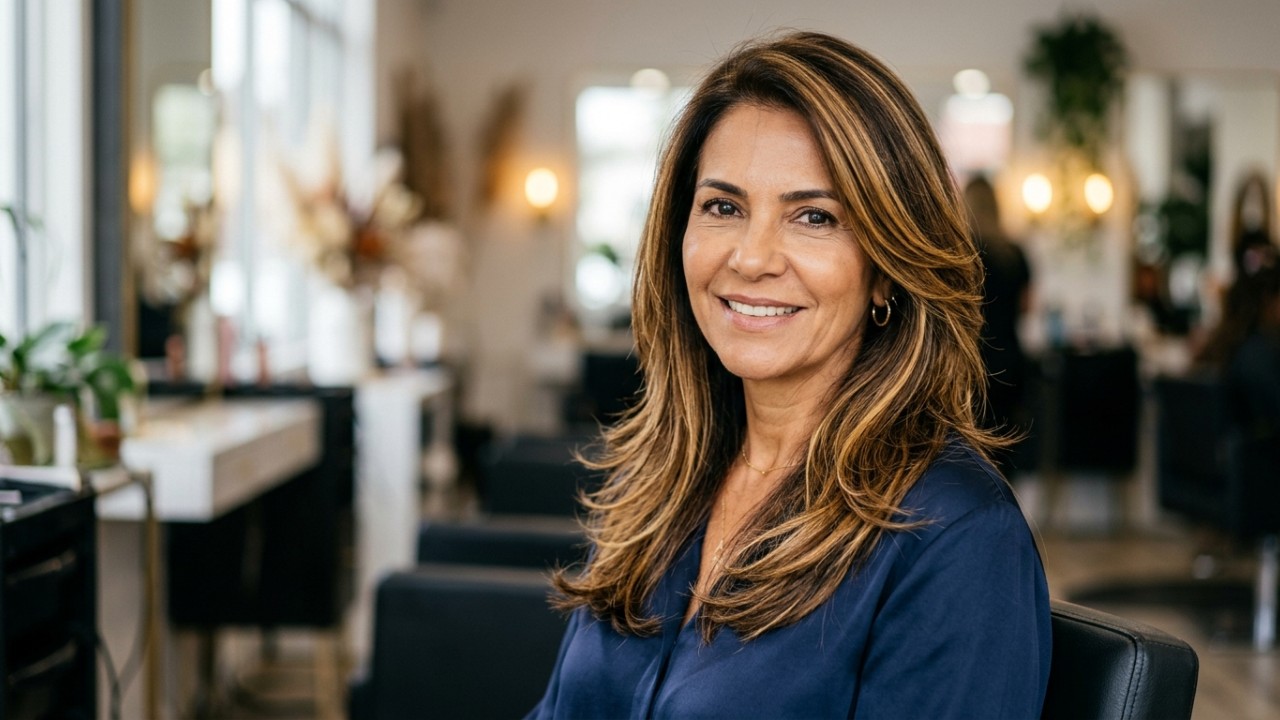 A colorimetria capilar e o corte em camadas garantem harmonia e modernidade ao visual. – Imagem gerada por IA