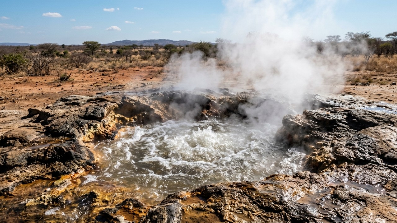 Hélio borbulhando em fontes termais, carrega uma assinatura do manto profundo, e pesquisadores dizem que isso pode ser a primeira prova forte de que o Rift do Sudoeste Africano, com 1.550 milhas, está despertando como uma nova fronteira de placas que um dia pode dividir o continente O calor proveniente do interior da Terra sinaliza um grande potencial para a energia geotérmica na região. – Imagem gerada por IA