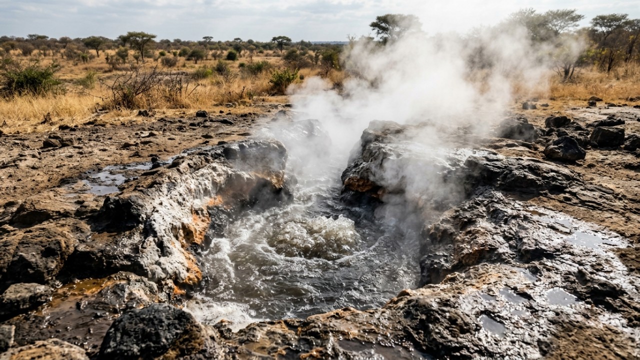 Hélio borbulhando em fontes termais, carrega uma assinatura do manto profundo, e pesquisadores dizem que isso pode ser a primeira prova forte de que o Rift do Sudoeste Africano, com 1.550 milhas, está despertando como uma nova fronteira de placas que um dia pode dividir o continente Gases subterrâneos na Zâmbia revelam a formação de uma nova fronteira tectônica na África. – Imagem gerada por IA