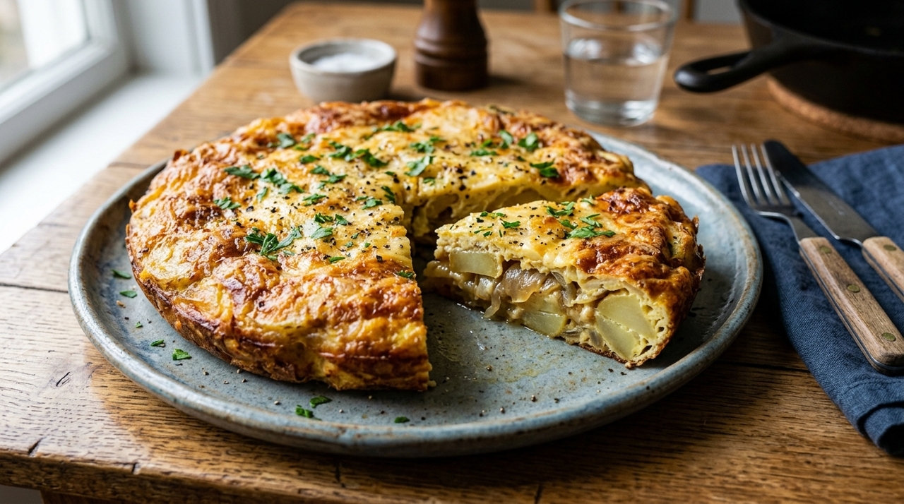 A base da omelete de batata assada leva ingredientes simples: ovos, batatas, cebola e um pouco de queijo ralado.