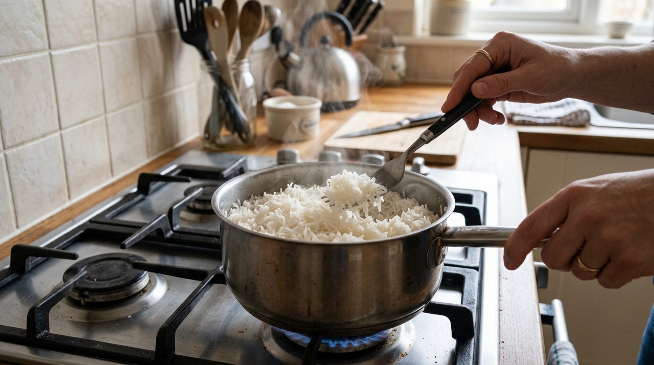 Depois que o arroz começa a cozinhar, mexer várias vezes pode quebrar os grãos e liberar ainda mais amido.
