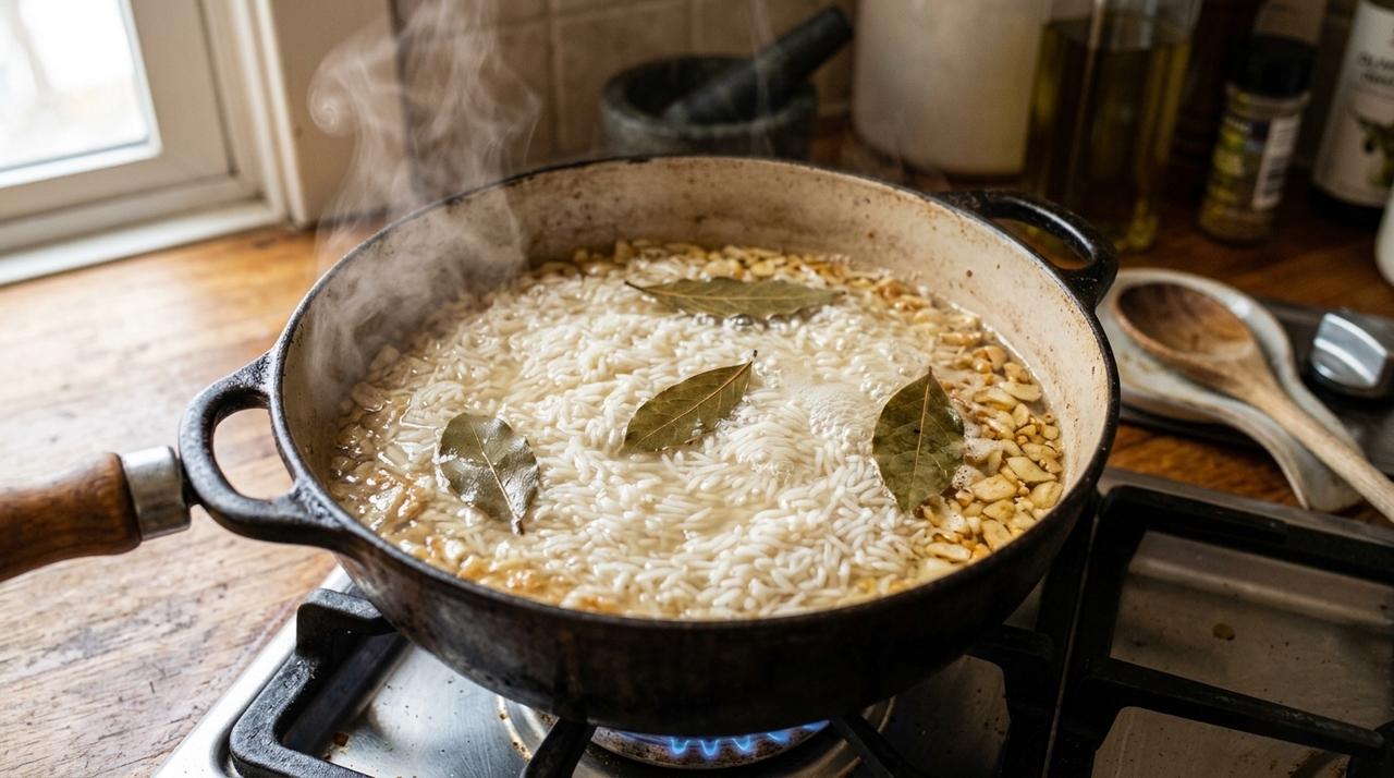 Os chefs espanhóis concordam: “O arroz branco não se faz com água, mas sim com 3 dentes de alho, 2 folhas de louro e um bom caldo caseiro.” Os 3 dentes de alho e as 2 folhas de louro funcionam como a base aromática do prato.