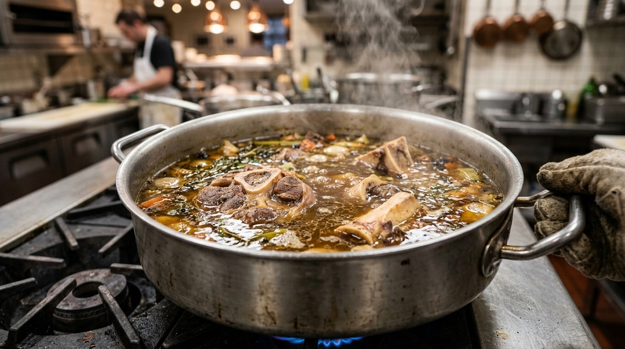 Jordi Cruz, chef espanhol: “O caldo de ossos leva 2 litros de água, 12 gramas de sal e 1 quilo de carne.” O fogo baixo permite que gordura, colágeno e compostos aromáticos passem lentamente para a água.