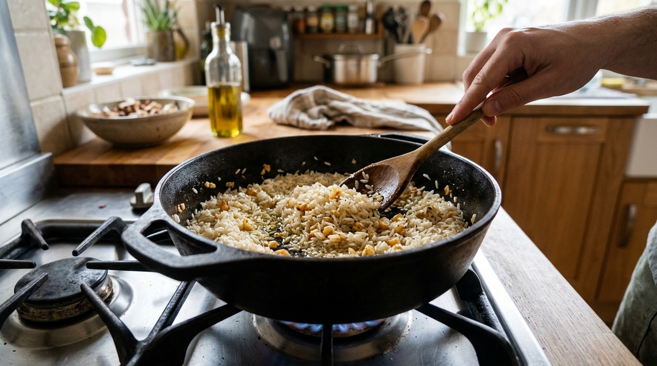 Refogar o arroz ajuda a aquecer os grãos, envolver cada um em uma fina camada de óleo ou azeite e liberar aroma antes da hidratação