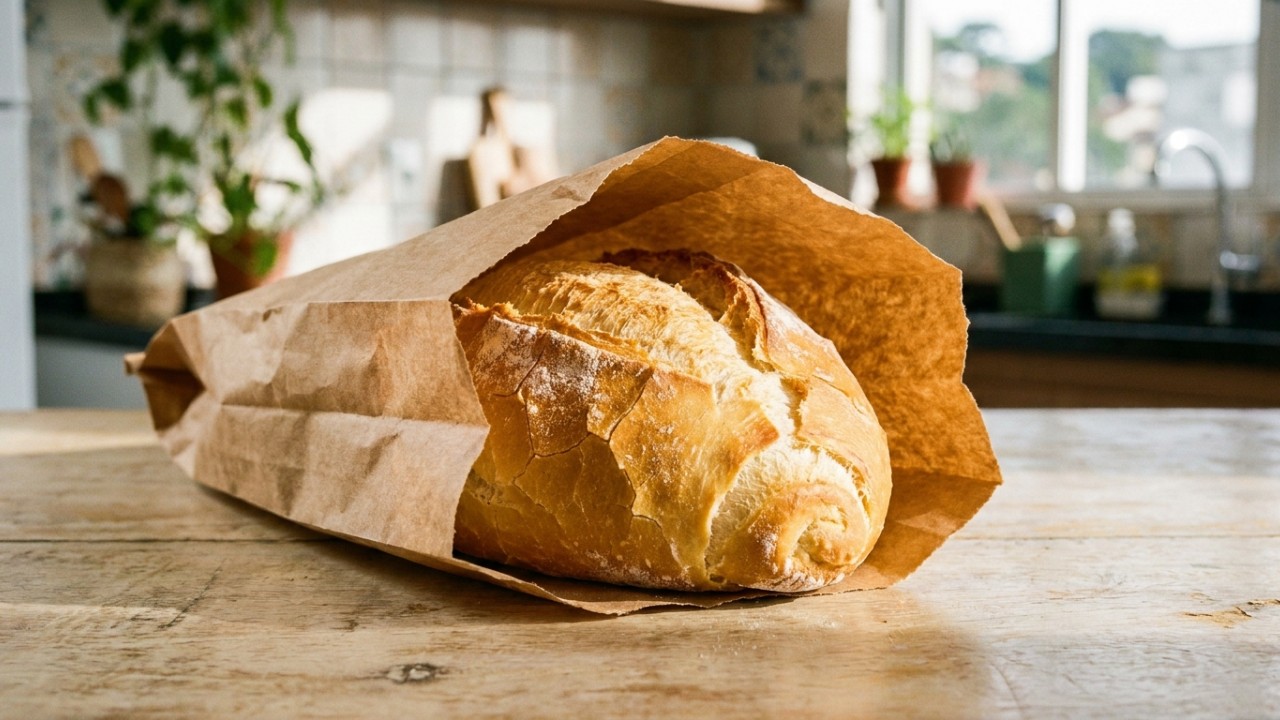 Colocar o pão na geladeira acelera a retrogração do amido e deixa o miolo seco e esfarelado. – Imagem gerada por IA